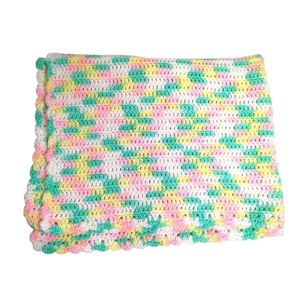 Hand-Crochet Pink, White, Yellow, Green, rectangle Baby Blanket Afghan 31